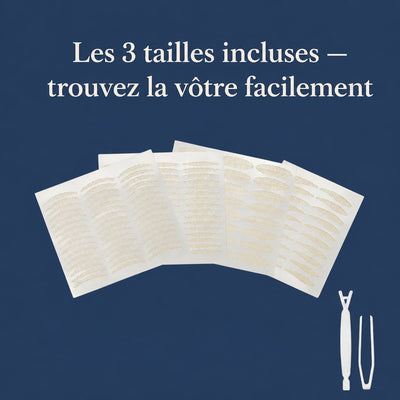 Les 3 tailles de patchs Lift Paupières Skinova incluses dans chaque boîte, avec applicateur et pince